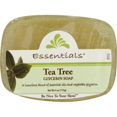 CLN033 | Essentials Tea Tree glycerin soap bar in clear wrapping with green label reading Tea Tree and Net Wt 4 oz (113g)