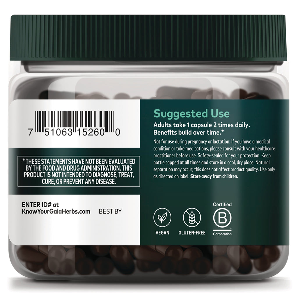 Bottle back label with Suggested Use instructions, barcode, certification icons (vegan, gluten-free) - Thumbnail