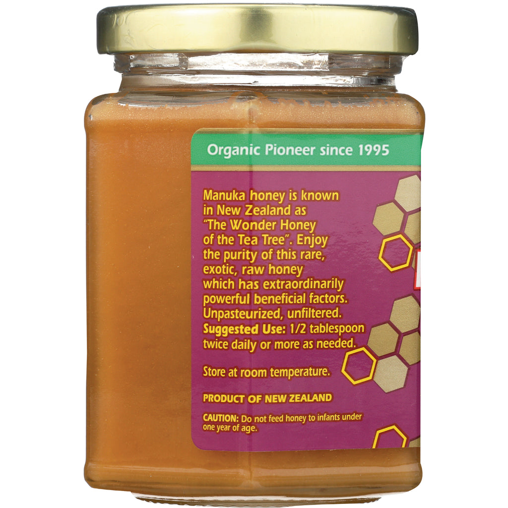 YS020 | Back label of Manuka honey jar, Organic Pioneer since 1995, unpasteurized, Product of New Zealand, Suggested Use 1/2 tablespoon - Thumbnail