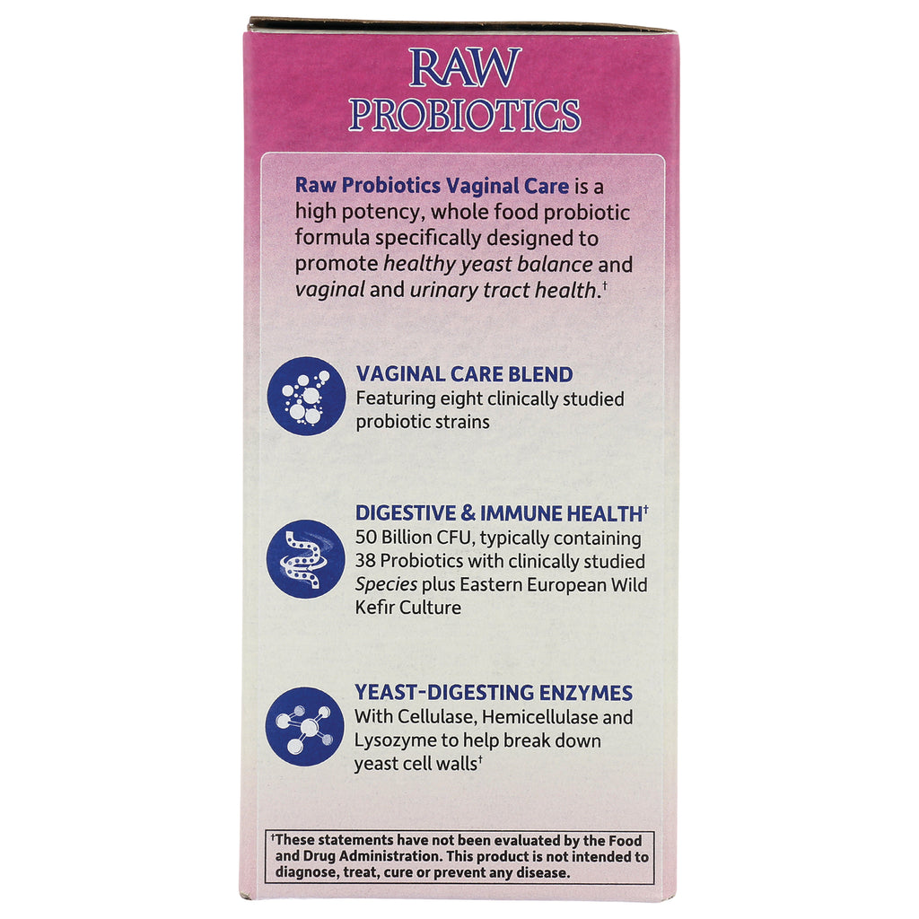 GLF154 | back of Raw Probiotics box listing Vaginal Care Blend, Digestive & Immune Health, and yeast-digesting enzymes - Thumbnail