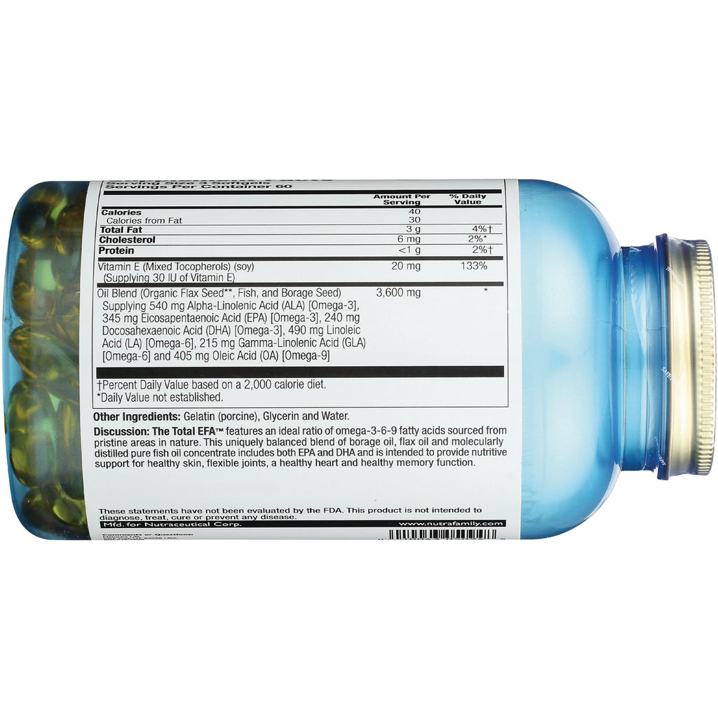 HS029 | back label of blue bottle showing supplement facts, nutrition panel and other ingredients for omega oil softgels - Thumbnail