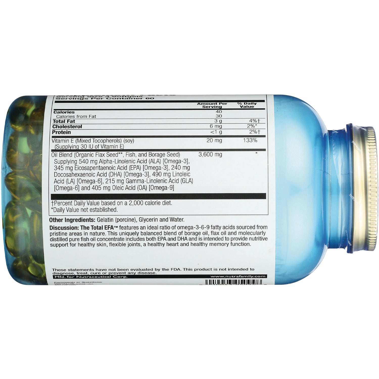 HS029 | back label of blue bottle showing supplement facts, nutrition panel and other ingredients for omega oil softgels