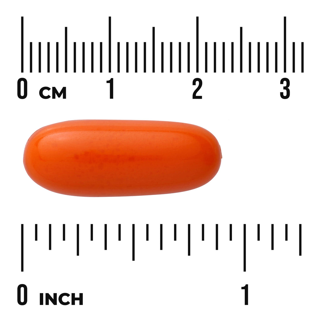 SWU345 | Orange oblong softgel shown to scale with rulers in centimeters and inches - Thumbnail