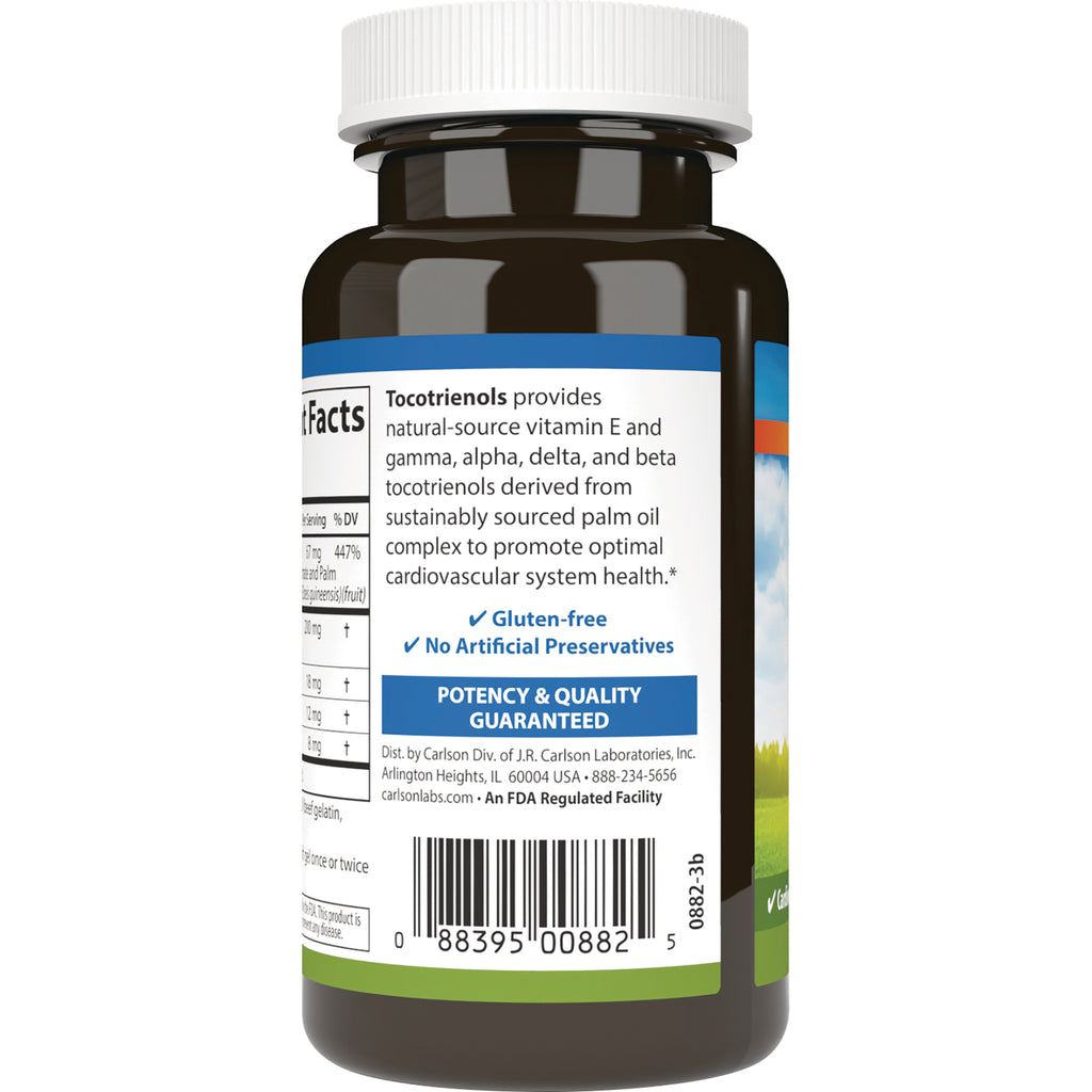 CSN316 | Back label of brown supplement bottle showing tocotrienols description, gluten-free claim, potency & quality guarantee and barcode - Thumbnail