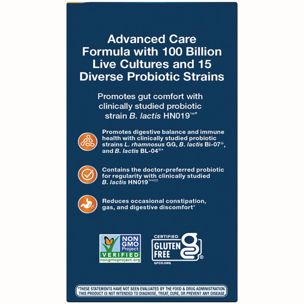NW804 | Back of blue probiotic box stating Advanced Care formula with 100 billion live cultures, Non-GMO and Gluten Free - Thumbnail