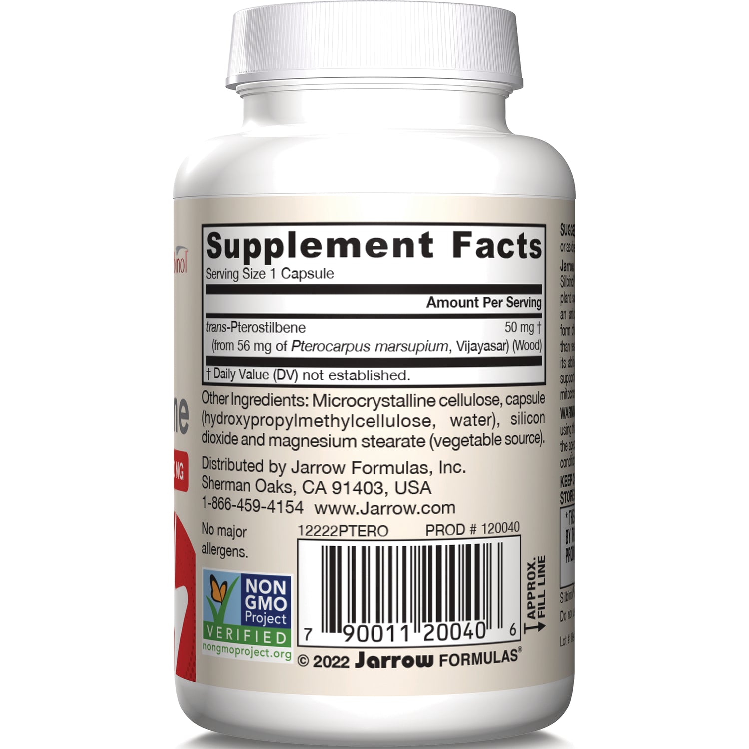 JR232 | Back of white supplement bottle showing Supplement Facts panel, ingredient list, barcode and Non GMO Project Verified seal