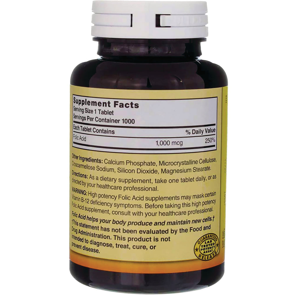NAB013 | Back label of supplement bottle showing Supplement Facts, serving size 1 tablet, folic acid 1,000 mcg and ingredients - Thumbnail