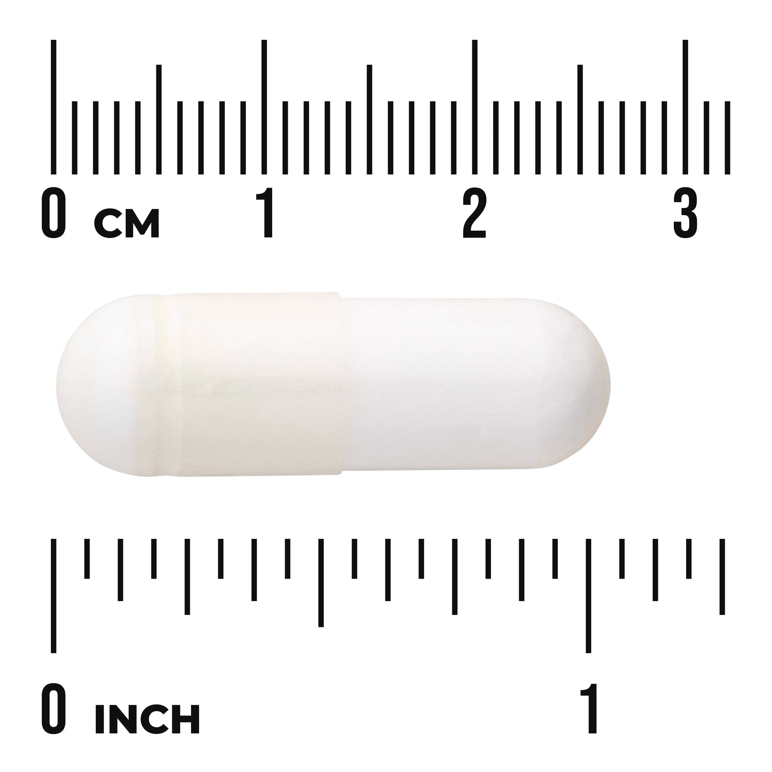 SW1525 | White capsule with size guide showing length near 1 inch, rulers labeled cm and inch