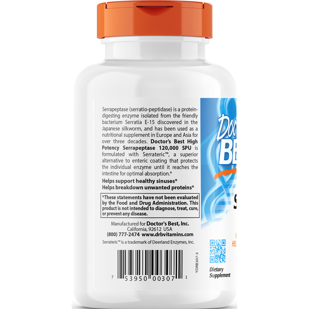 DB233 | Back label of white supplement bottle showing serrapeptase description, barcode, manufacturer info and QR code - Thumbnail