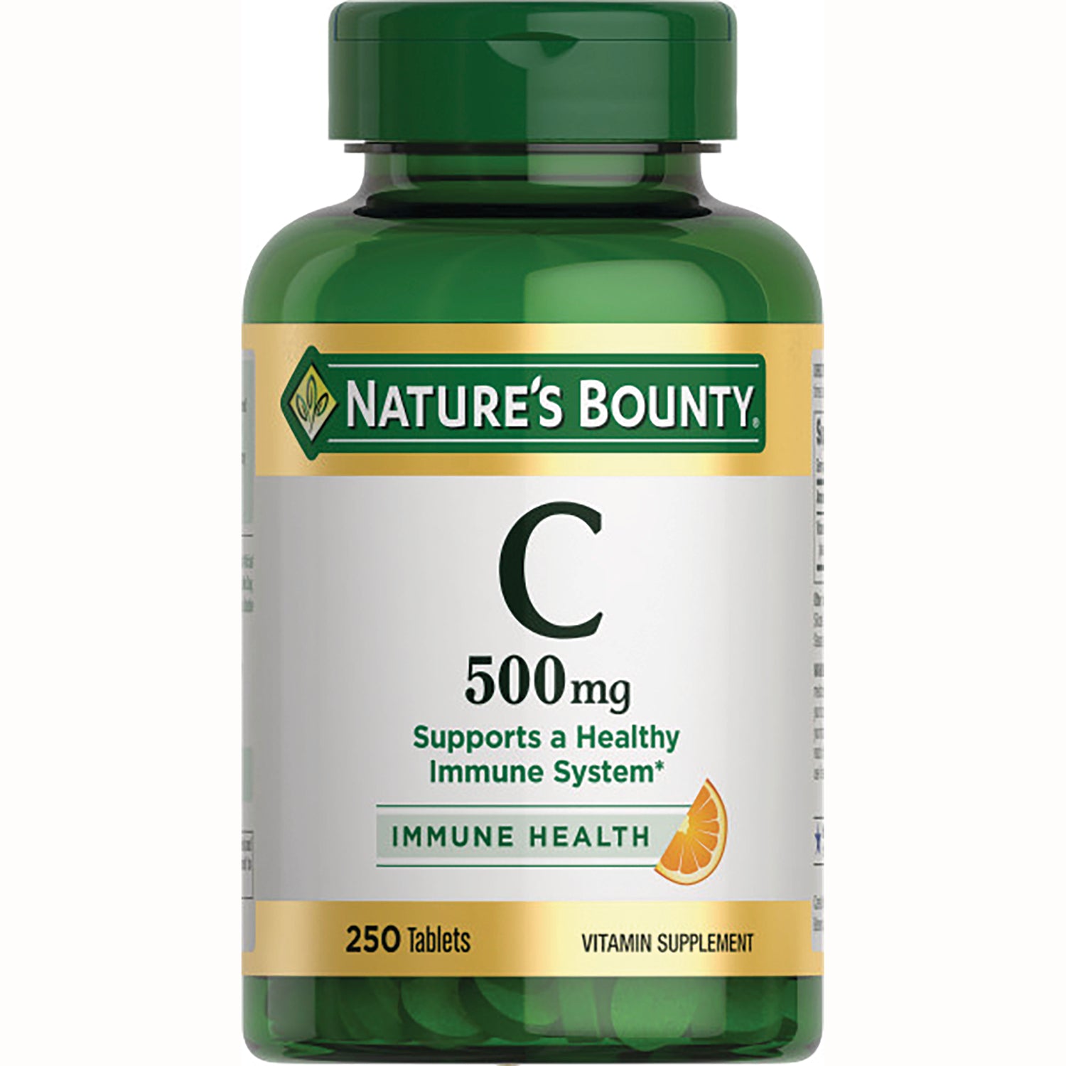 NBY072 | Nature's Bounty Vitamin C 500 mg bottle, 250 tablets, green bottle labeled Supports a Healthy Immune System