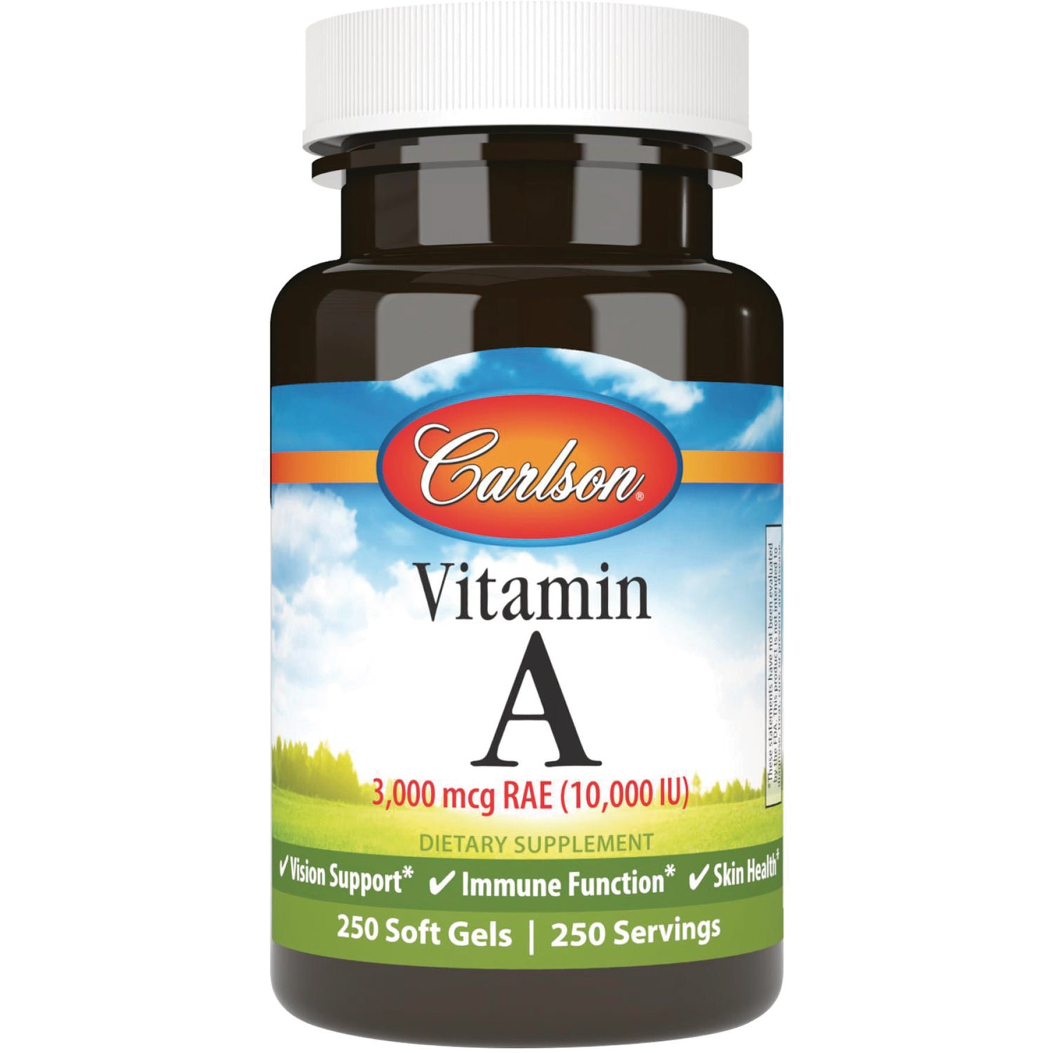 CSN270 | Carlson Vitamin A supplement bottle labeled 3,000 mcg RAE (10,000 IU), 250 soft gels