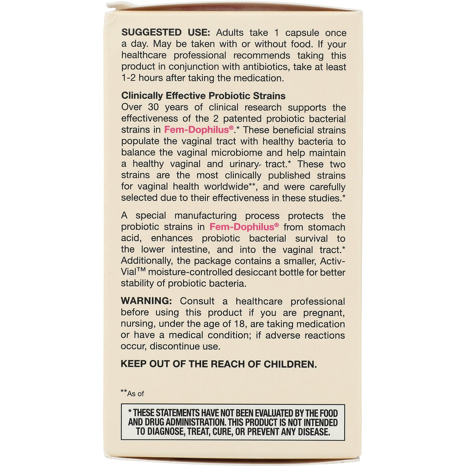 JR180 | back of beige probiotic supplement box showing suggested use, probiotic strain information and warning text