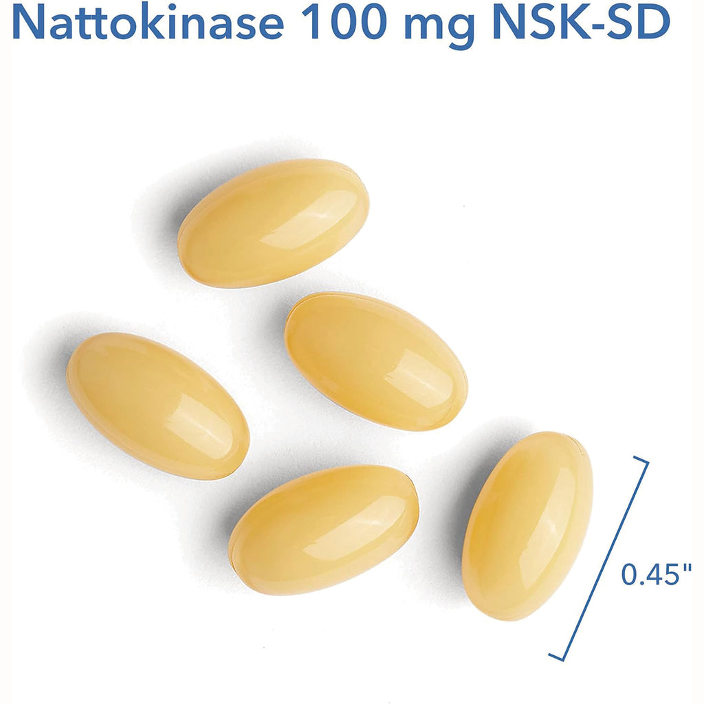 ARG010 | product infographic showing five yellow oval softgel capsules labeled Nattokinase 100 mg NSK-SD and 0.45\ - Thumbnail