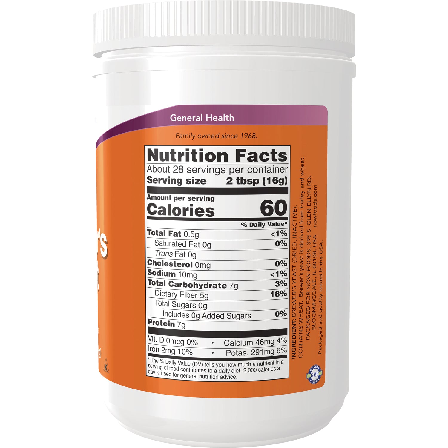 NWF863 | Back of white supplement tub showing Nutrition Facts label with serving size 2 tbsp (16g) and 60 calories