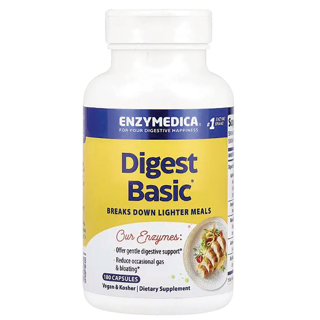 EMD076 | Enzymedica Digest Basic bottle front label reading Digest Basic, breaks down lighter meals, 180 capsules, vegan and kosher - Thumbnail