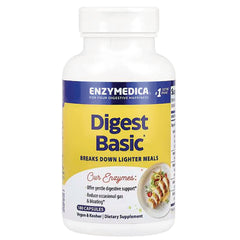 EMD076 | Enzymedica Digest Basic bottle front label reading Digest Basic, breaks down lighter meals, 180 capsules, vegan and kosher