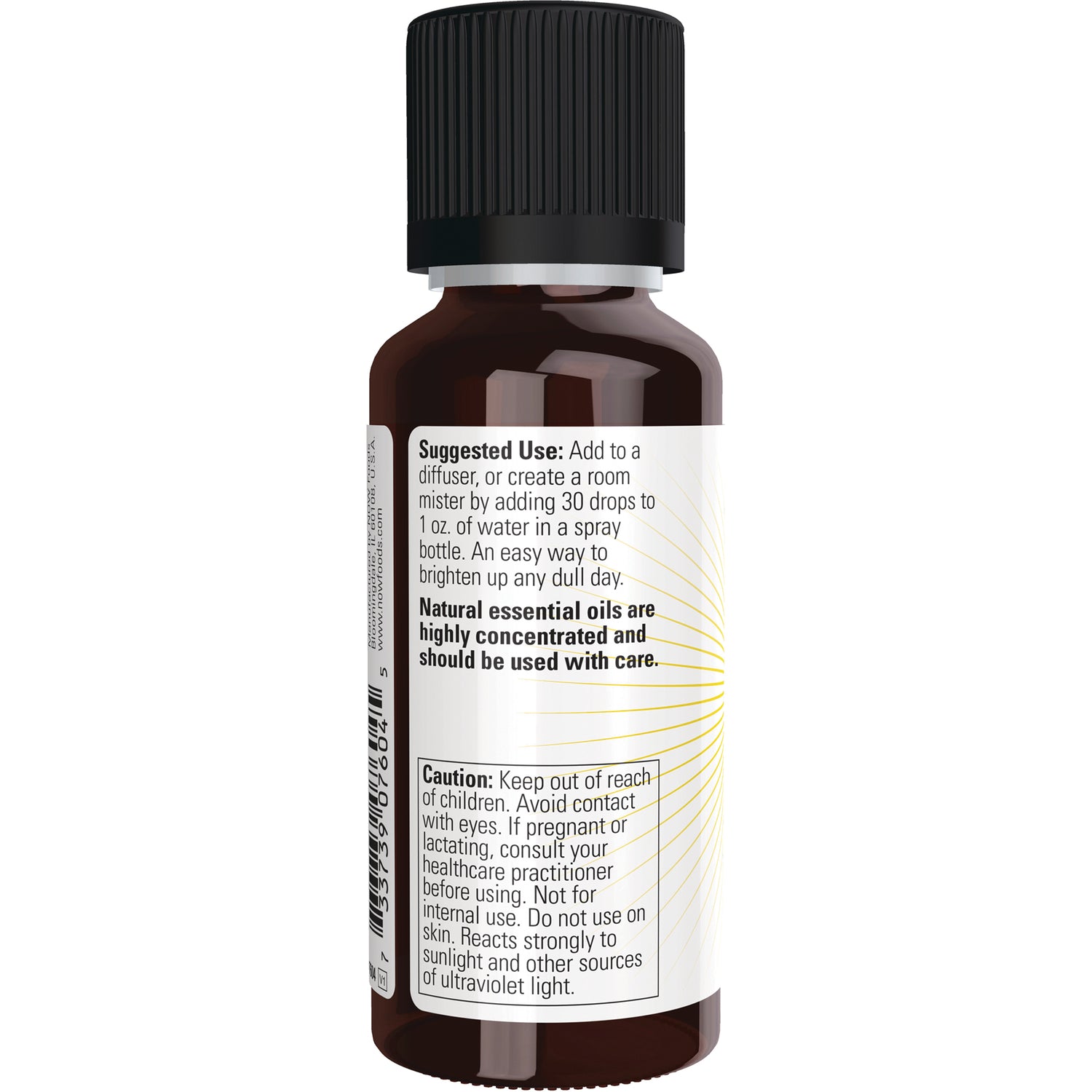 NWF1225 | Back of brown essential oil bottle showing suggested use and caution text on white label