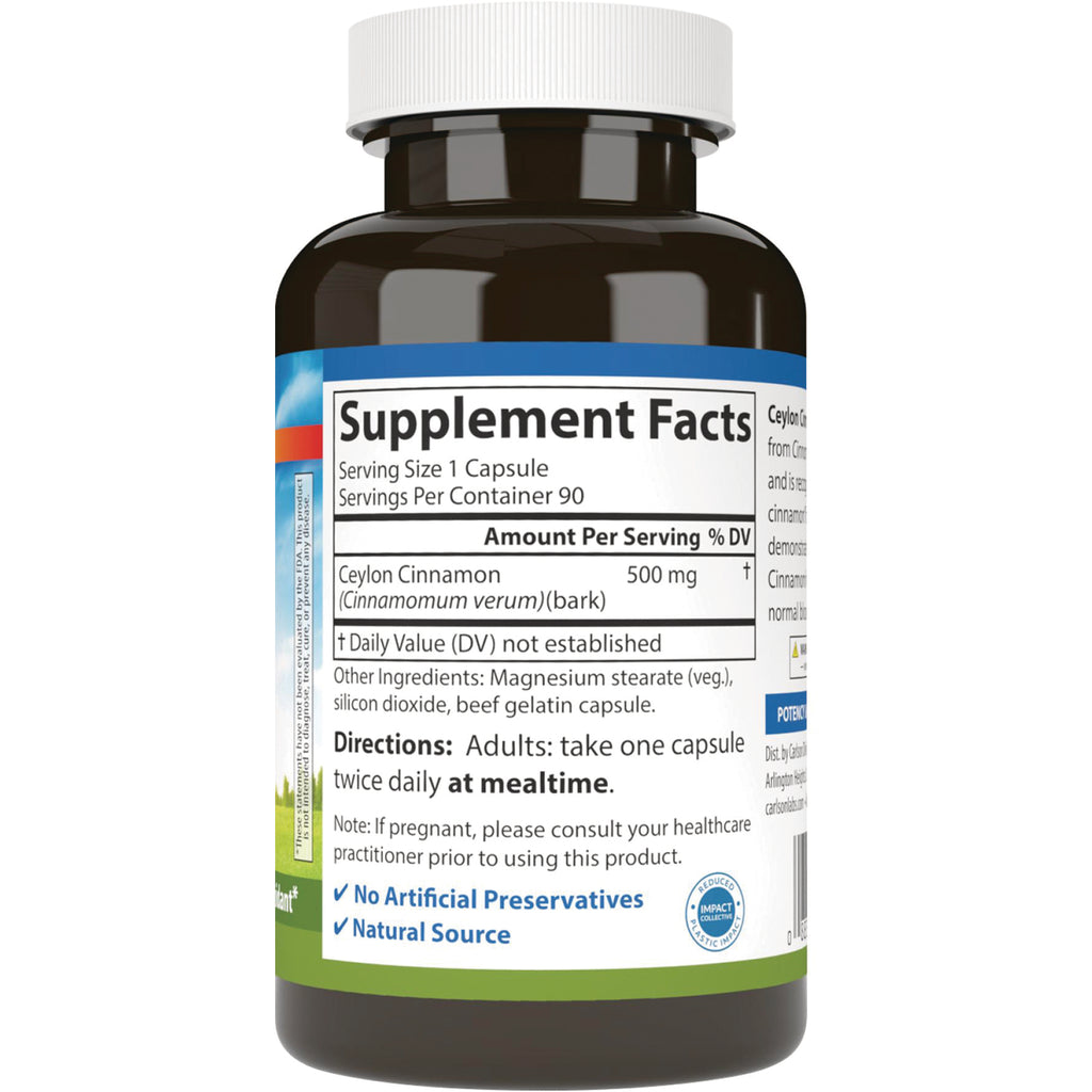 CSN221 | Back of supplement bottle label showing Supplement Facts, Ceylon Cinnamon 500 mg, directions and ingredients - Thumbnail
