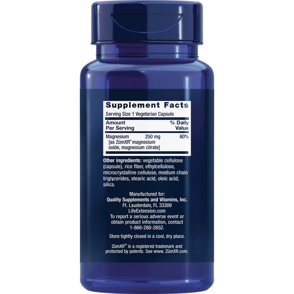 LE591 | Back of blue supplement bottle showing Supplement Facts panel listing Magnesium 250 mg and other ingredients - Thumbnail