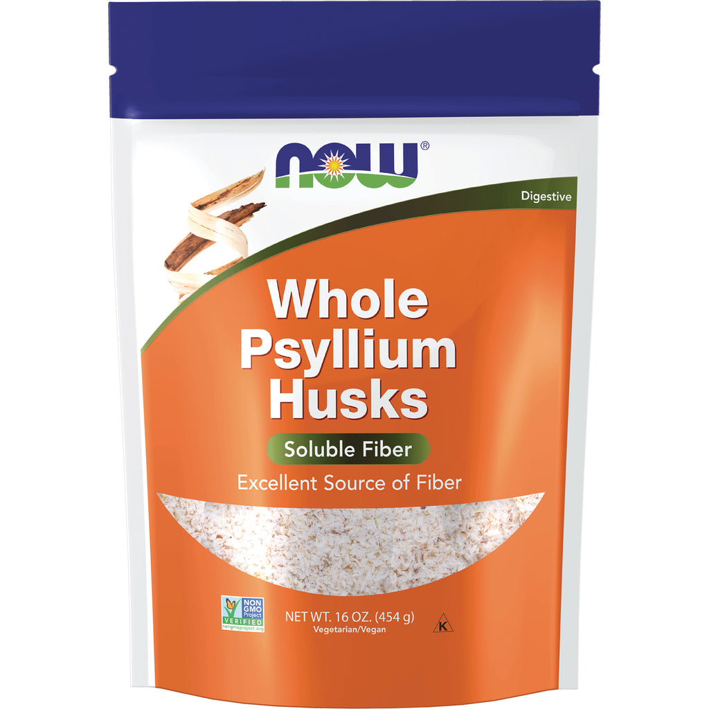 NWF146 | NOW Whole Psyllium Husks orange resealable pouch with clear window showing psyllium fiber, 16 oz - Thumbnail