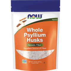 NWF146 | NOW Whole Psyllium Husks orange resealable pouch with clear window showing psyllium fiber, 16 oz