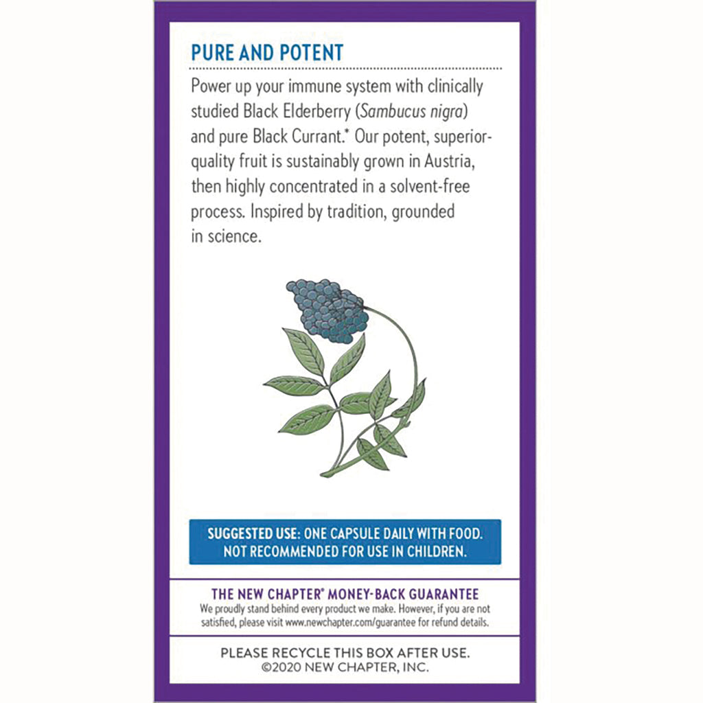 NWC362 | Back of supplement box with Pure and Potent description, elderberry illustration, suggested use box and recycle note - Thumbnail