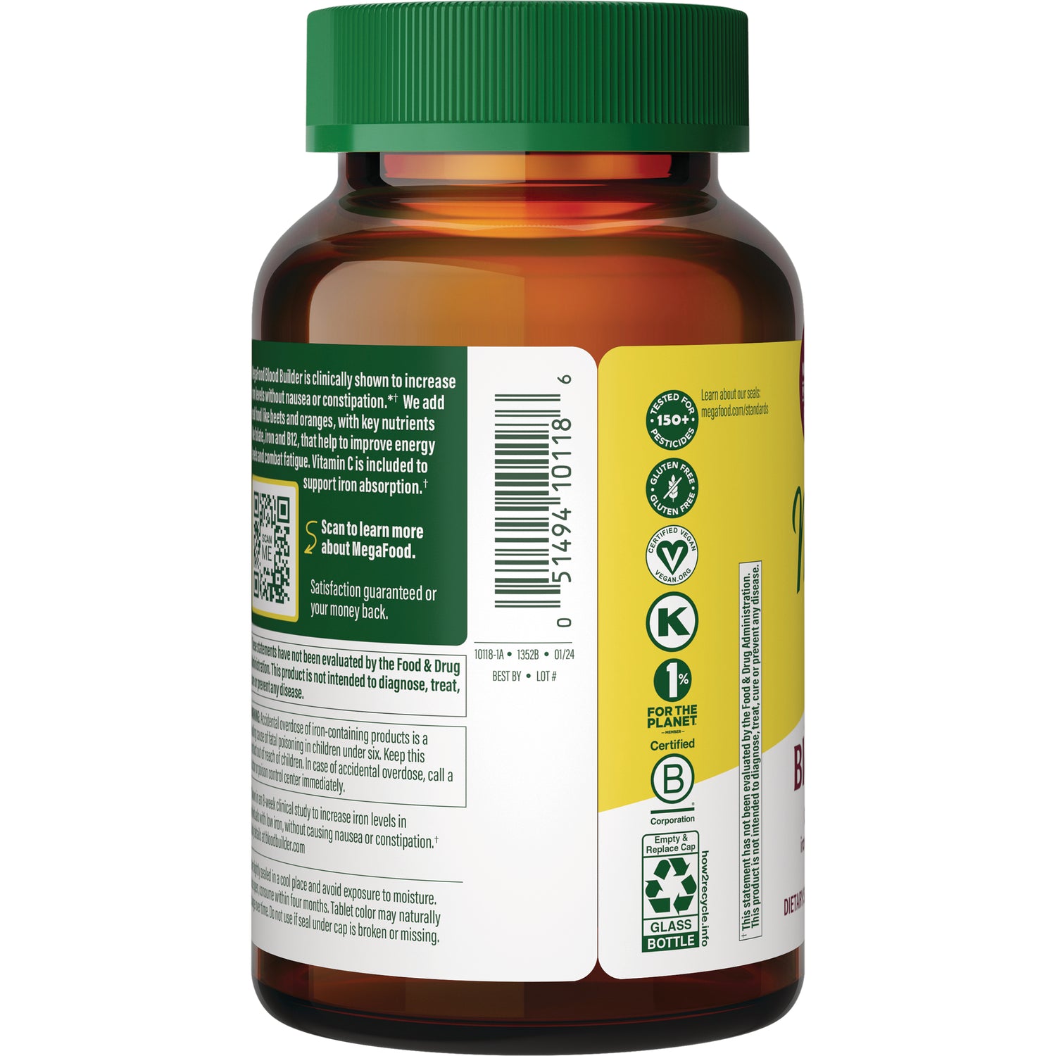 MGF050 | back of amber supplement bottle with barcode, label text, certification icons and glass bottle recycling symbol
