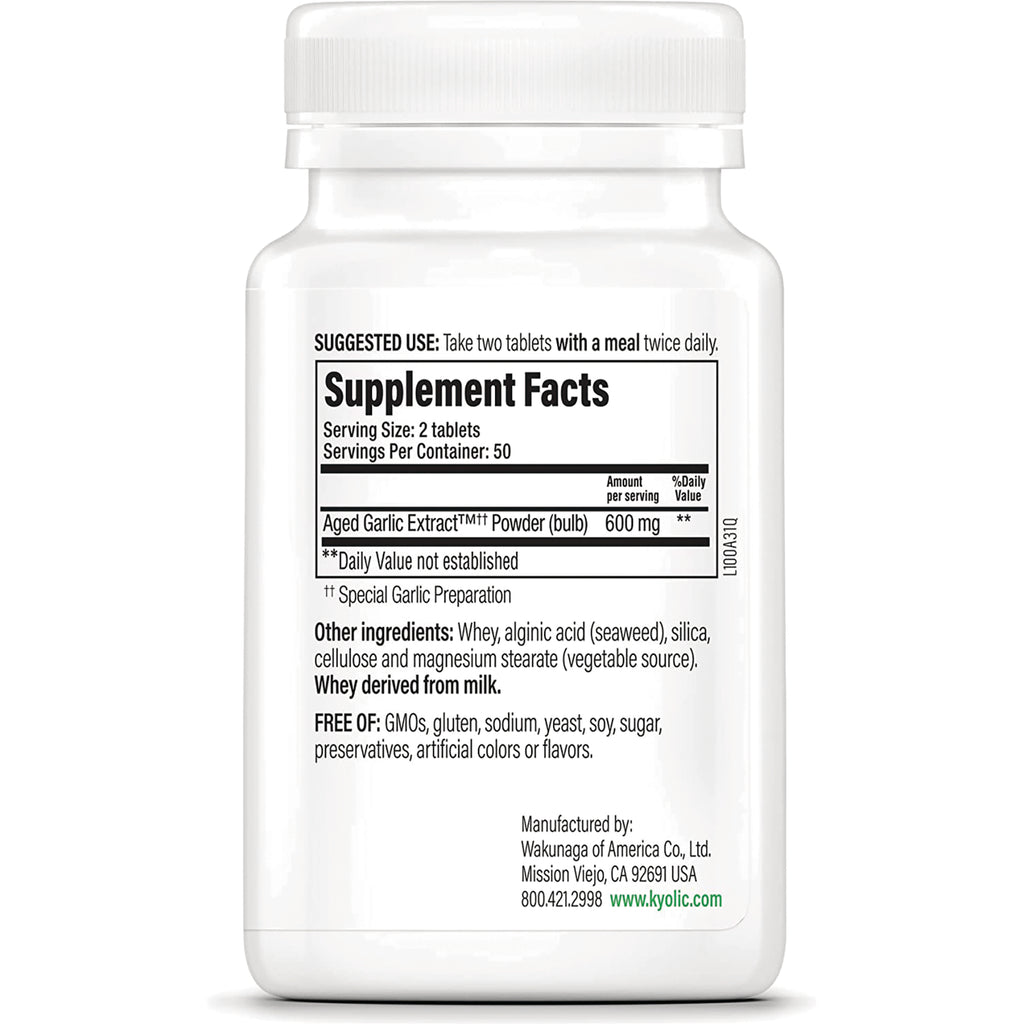 Back label showing Supplement Facts panel, serving size 2 tablets, Aged Garlic Extract 600 mg, other ingredients and manufacturer contact - Thumbnail
