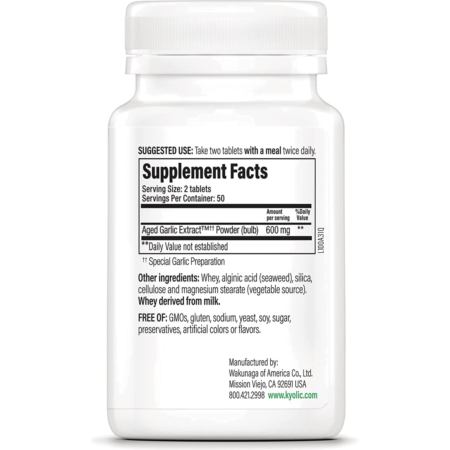 Back label showing Supplement Facts panel, serving size 2 tablets, Aged Garlic Extract 600 mg, other ingredients and manufacturer contact