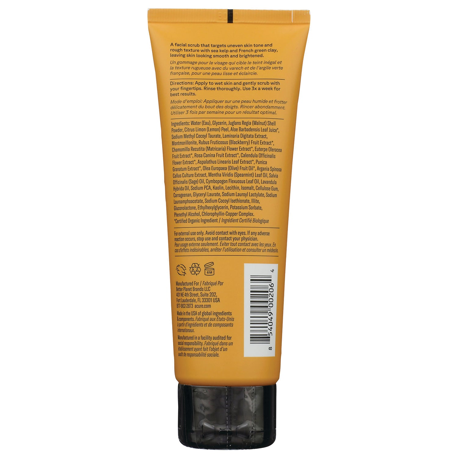 ACR010 | Back of facial scrub tube with directions, ingredients, warnings, and barcode