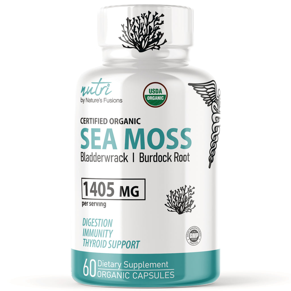NFU005 | White bottle of certified organic Sea Moss capsules labeled 1405 MG per serving and 60 organic capsules - Thumbnail