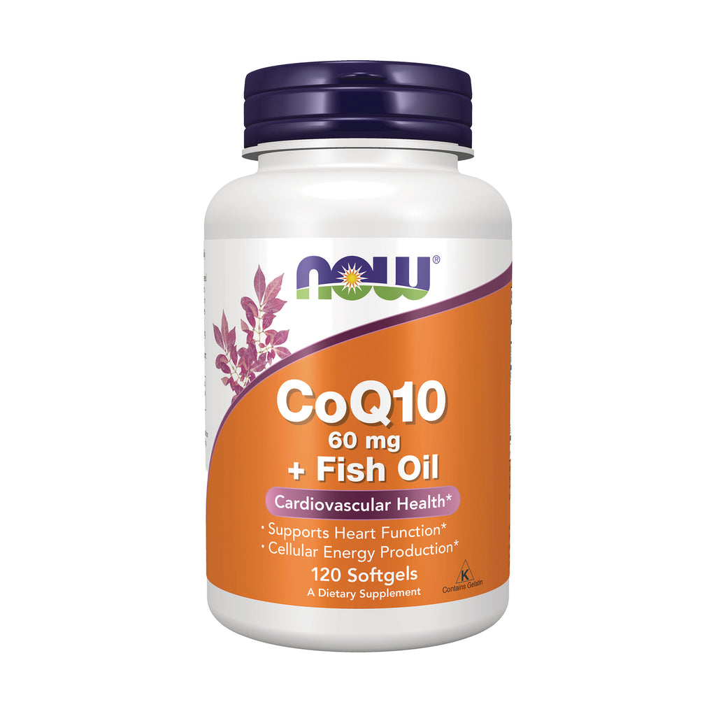 NWF301 | NOW CoQ10 60 mg + Fish Oil supplement bottle, 120 softgels front label - Thumbnail