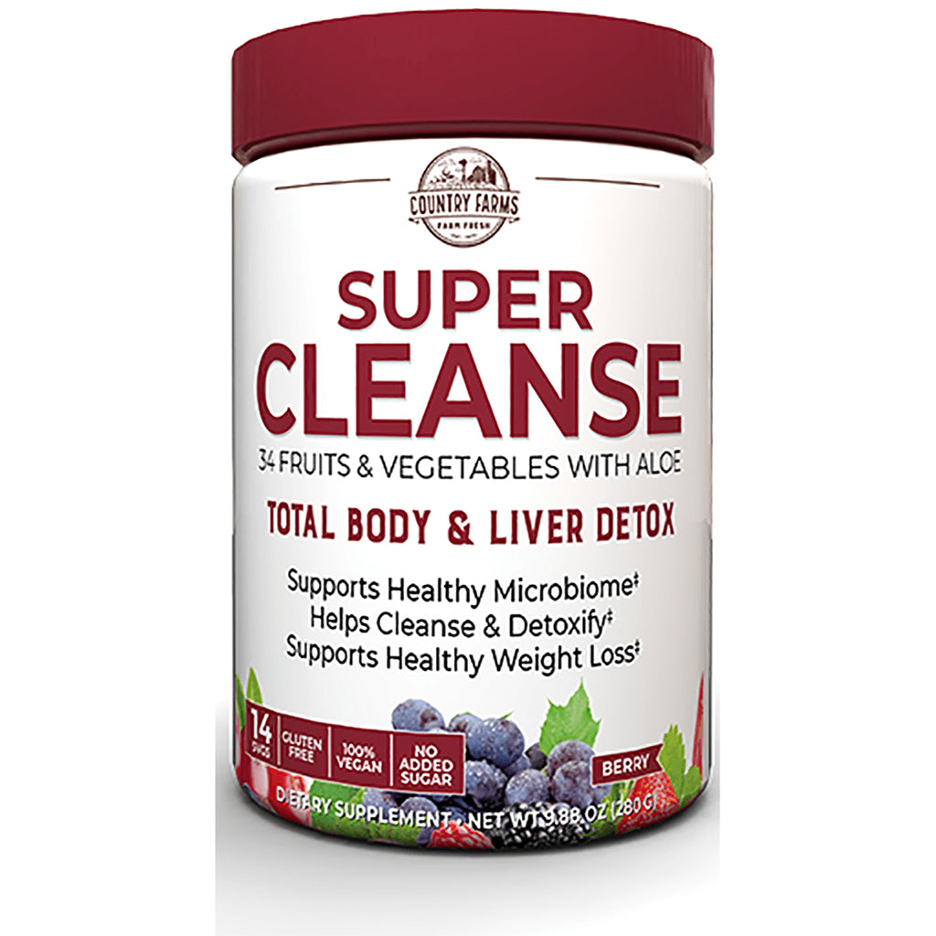 CFR006 | White supplement tub labeled SUPER CLEANSE, Total Body & Liver Detox, berry flavor with blueberries and raspberries - Thumbnail