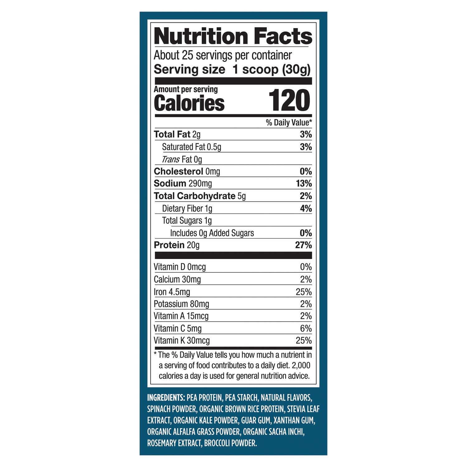 VGA003 | Nutrition Facts panel, 1 scoop (30g), 120 calories, 20g protein, ingredients list shown