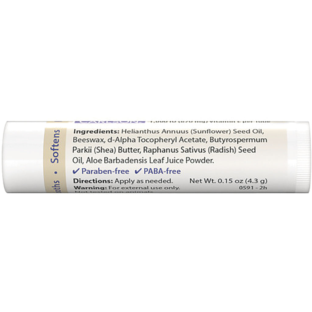 CSN240 | Back of lip balm tube showing ingredients list, Paraben-free and PABA-free labels and net wt 0.15 oz - Thumbnail
