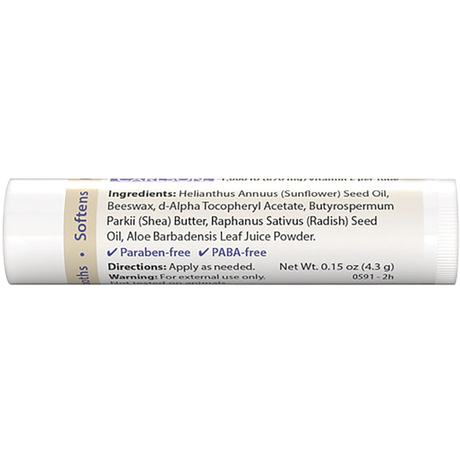 CSN240 | Back of lip balm tube showing ingredients list, Paraben-free and PABA-free labels and net wt 0.15 oz