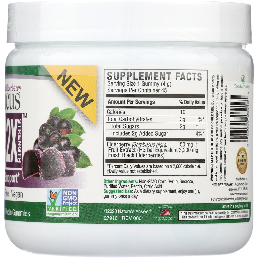 NAT405 | Back label with Supplement Facts panel and ingredients for elderberry gummies, nutrition facts and barcode visible - Thumbnail