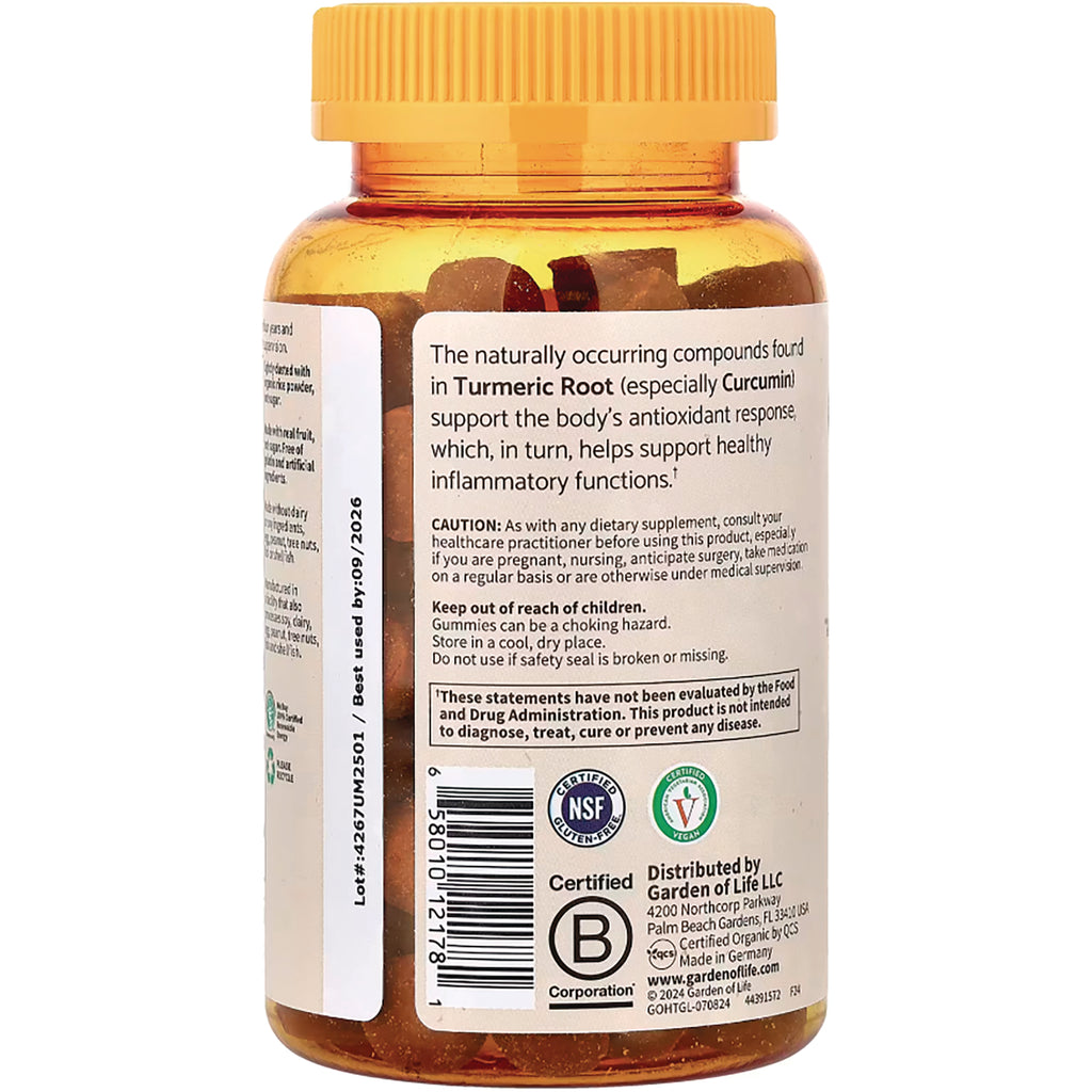 GLF342 | Back of amber supplement bottle showing label about Turmeric Root, barcode, certifications, and gummies inside - Thumbnail
