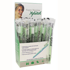 HGP001 | display box of individually wrapped green Happy Morning Xylitol pre-pasted toothbrushes