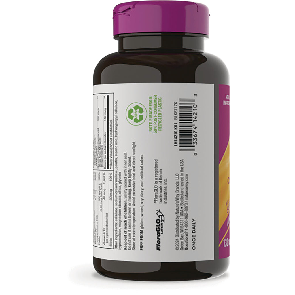 NW1033 | Back of dark supplement bottle showing white label with barcode, nutrition facts panel, recycle symbol and pink cap - Thumbnail