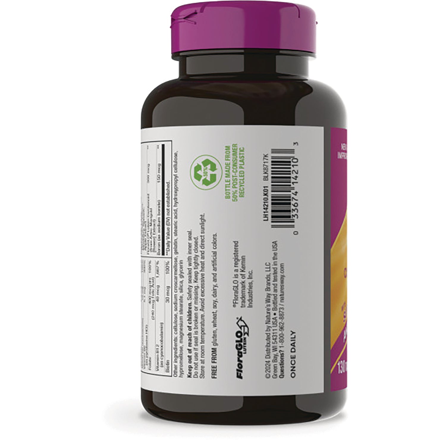 NW1033 | Back of dark supplement bottle showing white label with barcode, nutrition facts panel, recycle symbol and pink cap