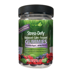 IR306 | Irwin Naturals Stress-Defy mixed berry gummies jar with green label