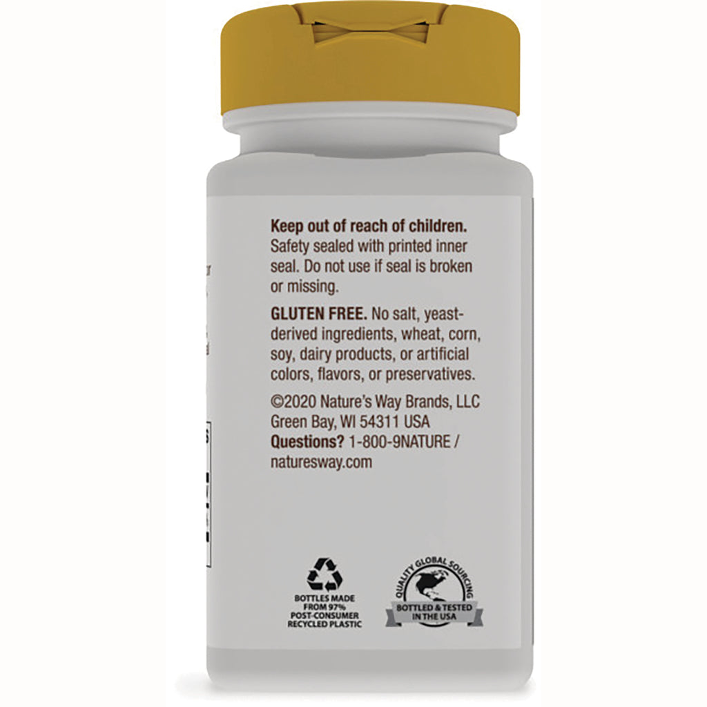 NW940 | Back of white supplement bottle with child safety cap showing Keep out of reach of children, GLUTEN FREE, contact info, recycling and bottled in USA icons - Thumbnail