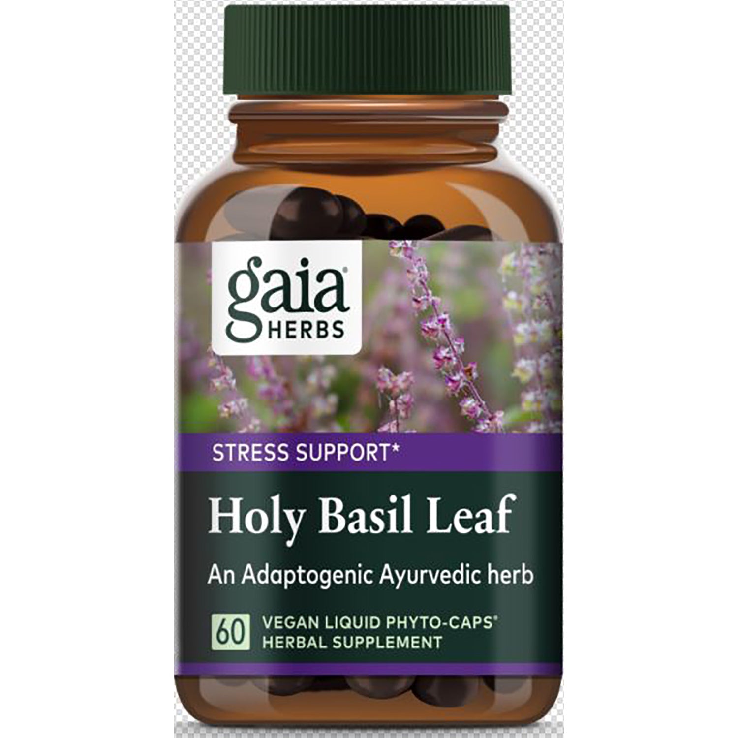 GH012 | Gaia Herbs Holy Basil Leaf supplement bottle labeled Stress Support 60 vegan liquid phyto-caps