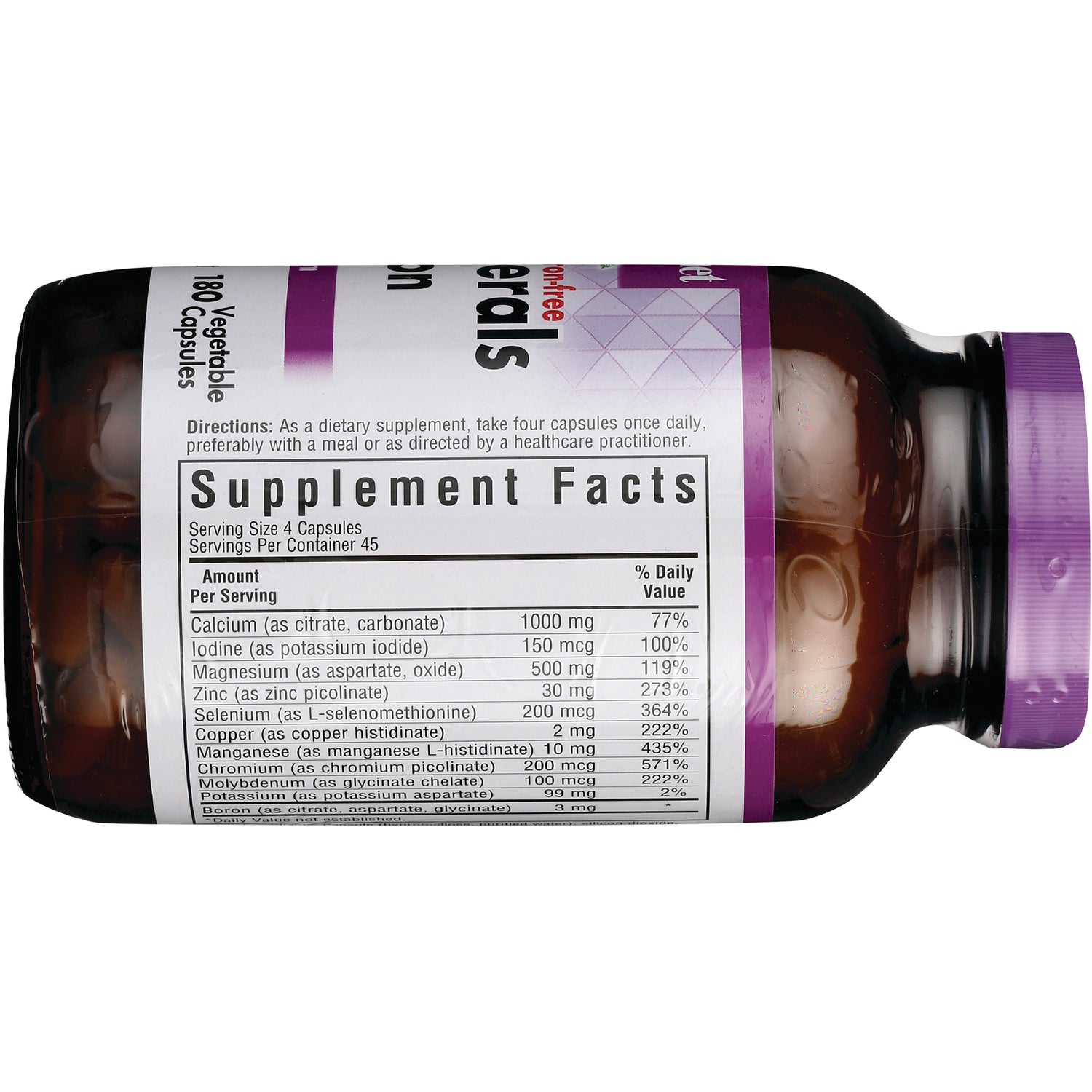 BLU082 | Back label showing Supplement Facts panel and directions on brown bottle with purple cap