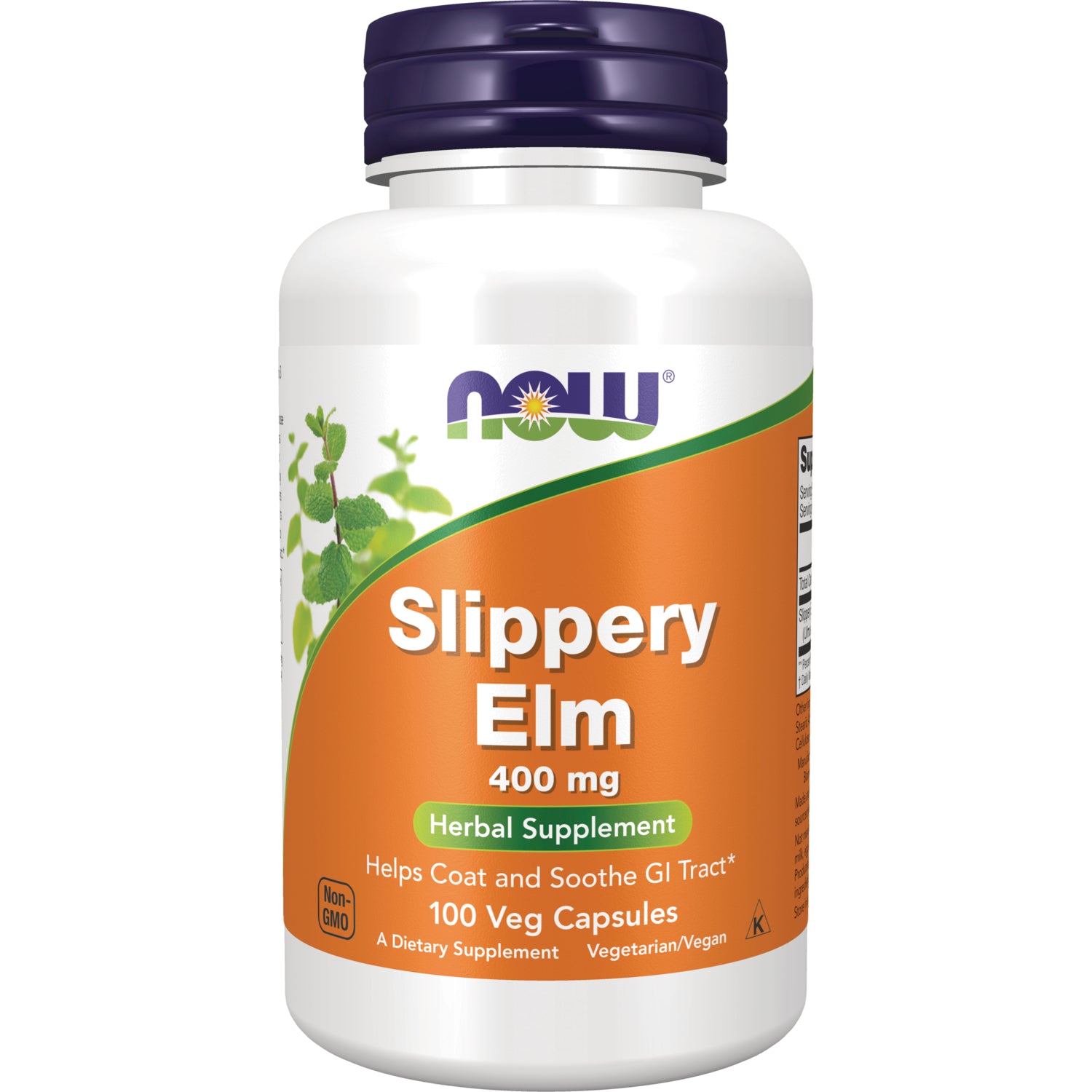 NWF273 | NOW Slippery Elm 400 mg herbal supplement bottle with orange label, 100 veg capsules