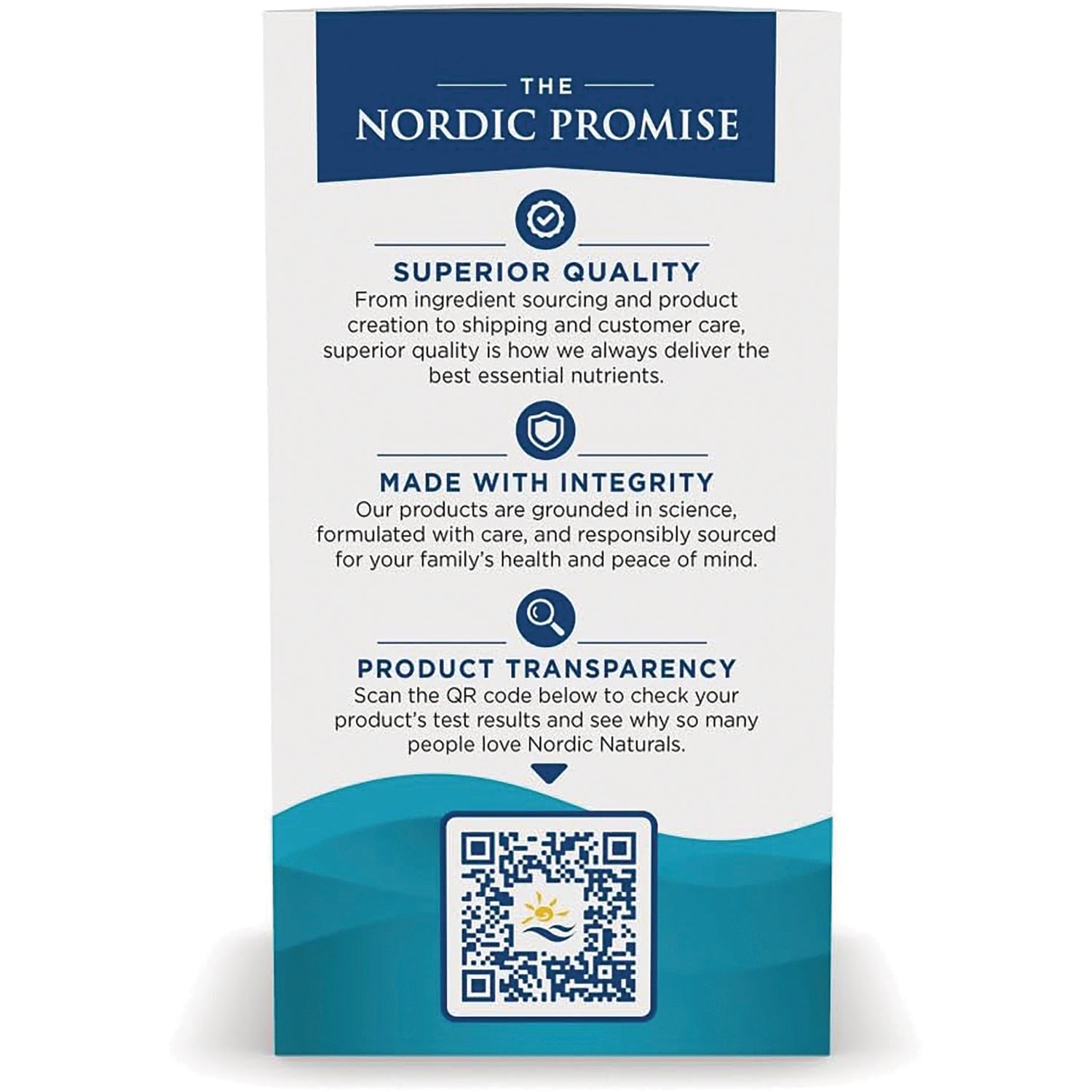 NRN009 | product infographic panel for Nordic Promise box with quality claims and QR code