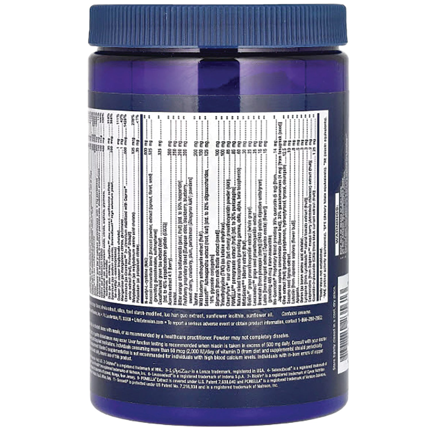 LE466 | back label showing supplement facts panel and ingredient text on a blue jar