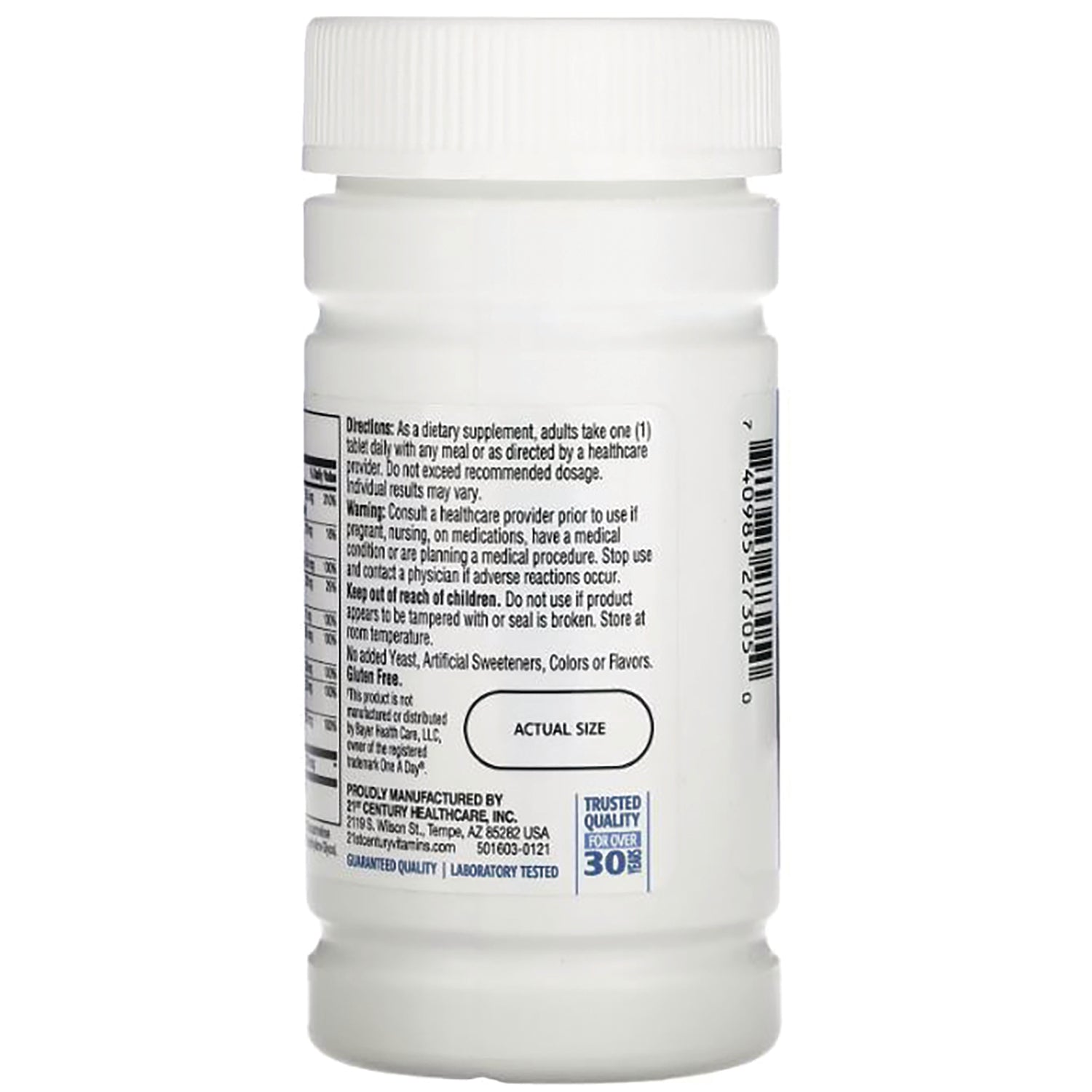 CNT216 | back of white supplement bottle showing directions, warnings, barcode and ACTUAL SIZE label