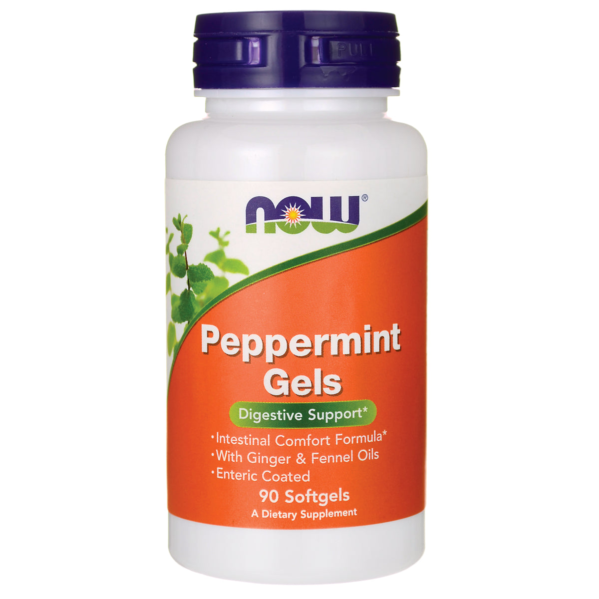 NWF564 | NOW Peppermint Gels dietary supplement bottle, 90 softgels, digestive support